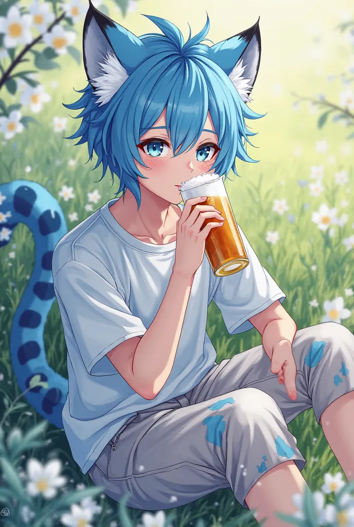 Blue-haired anime boy, with blue snow leopard ears, and a blue snow leopard cat tail in spring clothes,  Paren,  male,  Anime style. 18 years old, a femboy, drinks beer