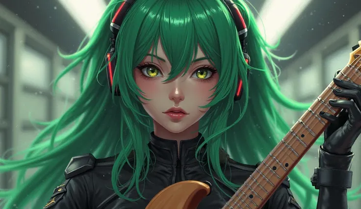 Beautiful girl in uniform with green hair holding an electric guitar　long hair, open your mouth slightly, headphones,tongue, have twinkling eyes, 