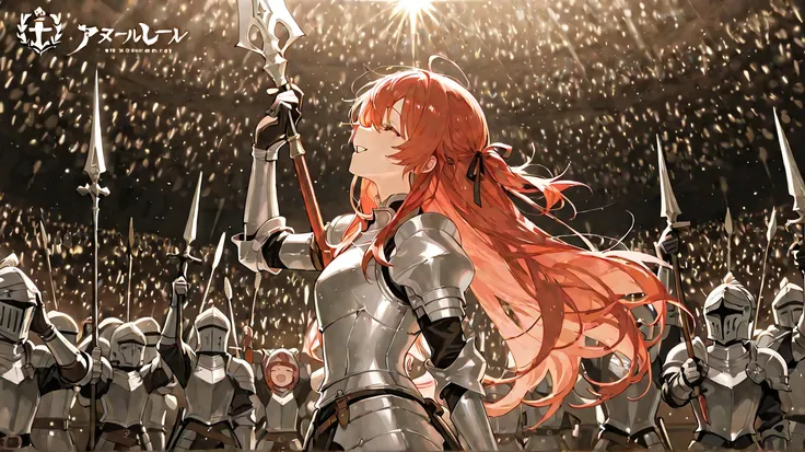 The triumphant return of a young knight wearing silver armor riding a warhorse、Medieval citadel at sunset、Focus on young knights、Hold the tip of the spear in your right hand high in the sky、Hold the helmet in your left hand、short red hair、Look up, close yo...