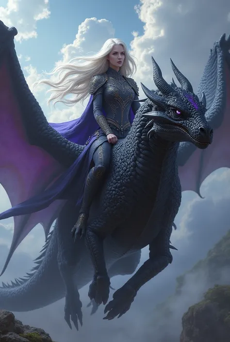 woman with white and purple eyes riding a big black dragon