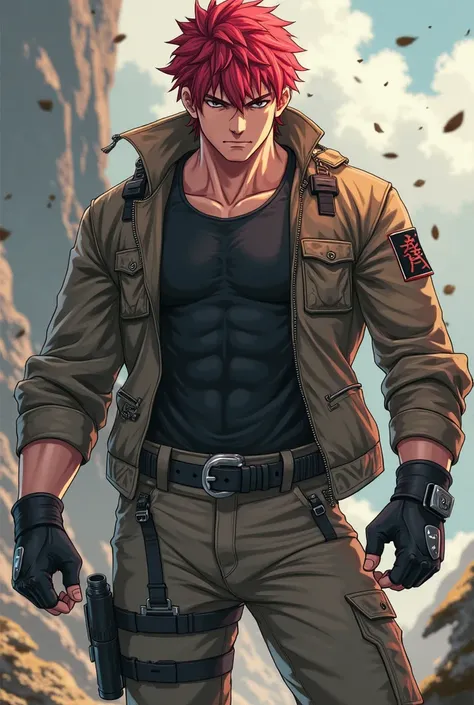 An anime character who is male has red hair, Be a little muscular, have a captivating hunter look, military-style dress