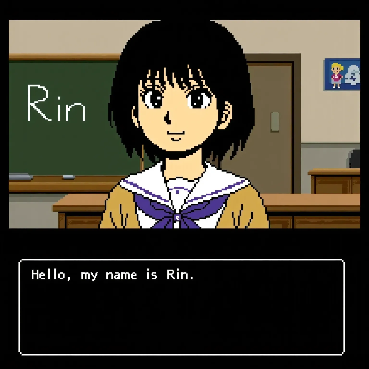 pixel art, visual is displayed on the upper screen, white border message window on lower screen, black background, Pixel font text "Hello, my name is Rin. Nice to meet you". pixel character, pixel_art character, girl, cute, looking at viewer, short hair, b...