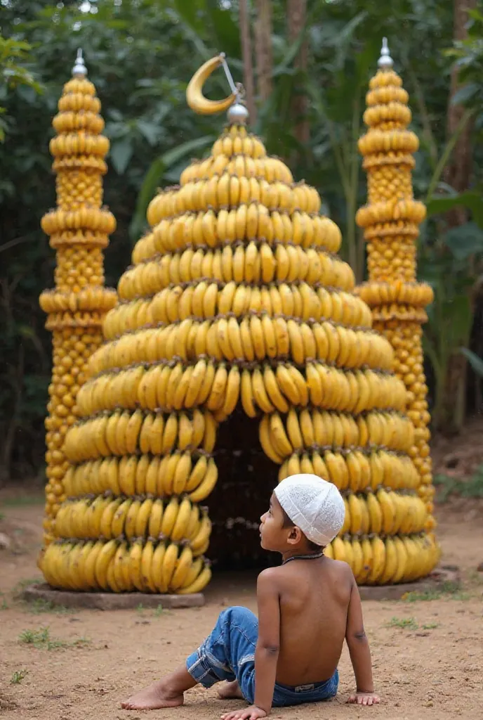 A young boy, likely Southeast Asian and pre-, sits on the ground, barefoot, and looking thoughtfully at a large structure made entirely of stacked bananas.  The structure resembles a mosque, with tiered minarets and a crescent moon-shaped top.  The boy wea...