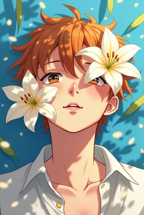 
Create a stunning anime-style illustration of a man lying under a clear blue sky, his face partially covered by delicate white lilies. The sunlight casts warm, golden highlights on his smooth skin, creating a dreamy and ethereal atmosphere. His lips are s...