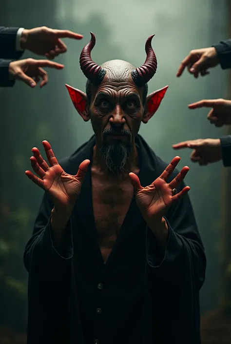 A figure representing the devil, but with an expression of naivety and surprise, as if he were being falsely accused. He should have wide eyes and a body gesture that suggests innocence, such as raised hands in denial or confusion. His appearance may inclu...