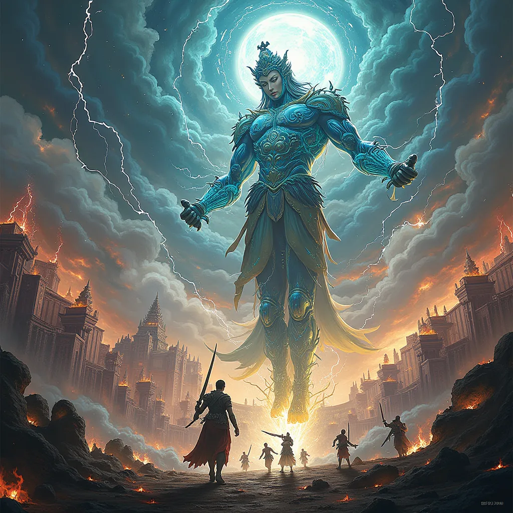 An abstract conceptual illustration representing the battle between awakened mortals and celestial deities in a reimagined Journey to the West universe. The image should depict a grand cosmic struggle with mortals wielding technology and logic against divi...