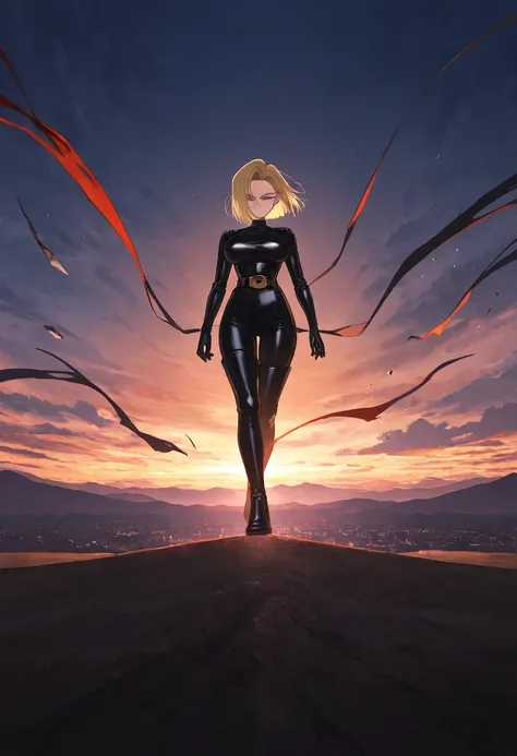 one girl , Alone, Android 18, black latex bodysuit,  black boots, blck thigh boots、 black tights , evil, floating, flying, levtate, like a goddess descending from the heavens, in the sky, dusk, looking at viewer, Masterpiece, top quality, So Aesthetic , an...