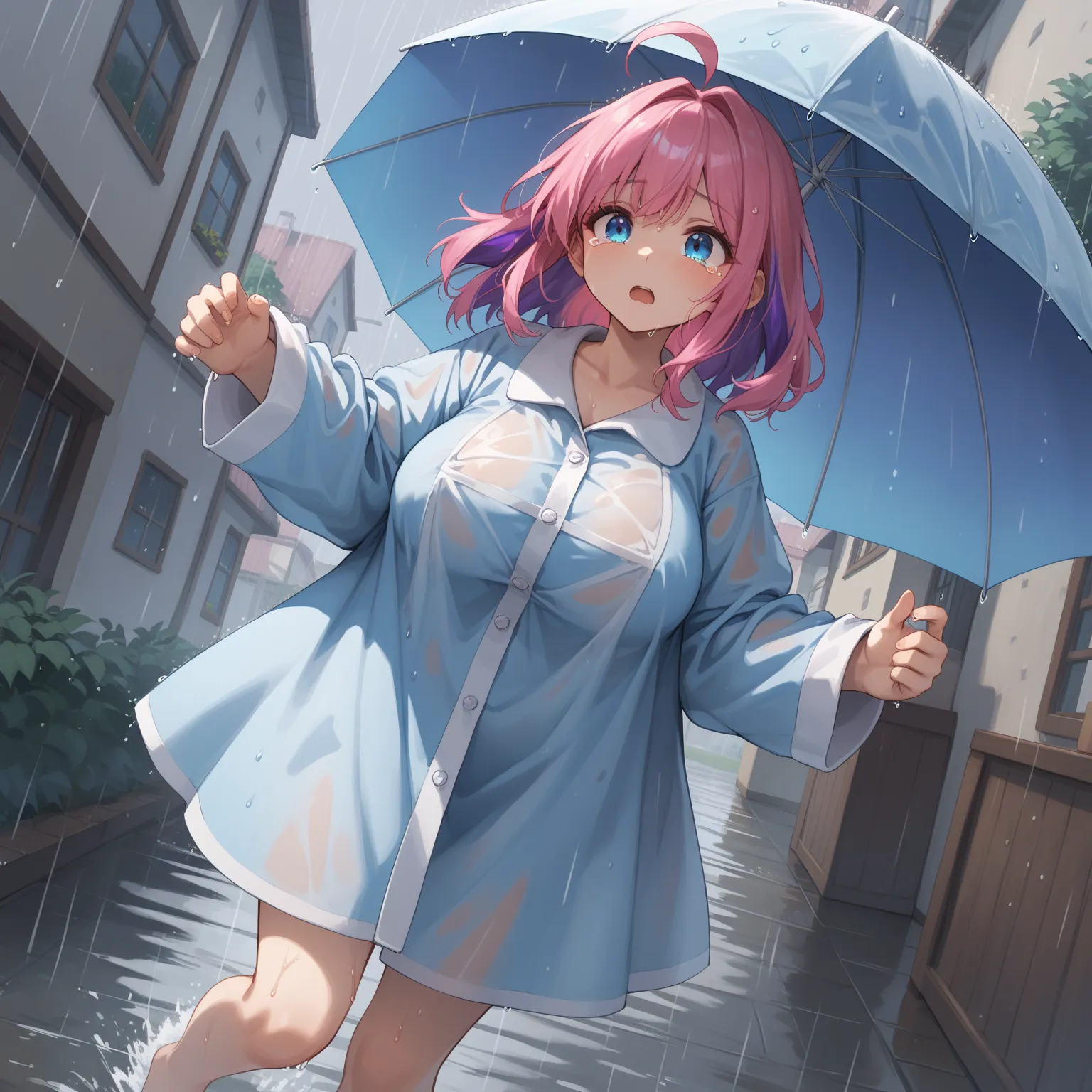 1girl, solo, breasts, medium hair,multicolored hair,  bangs, blue eyes,pink hair, purple hair, ahoge huge breasts, skyblue pajamas,  nsfw, dutch_angle, oversized_clothing,  full body,  outdoors, open pajamas on raincoat, rain, tears, despair, umbrella, run...