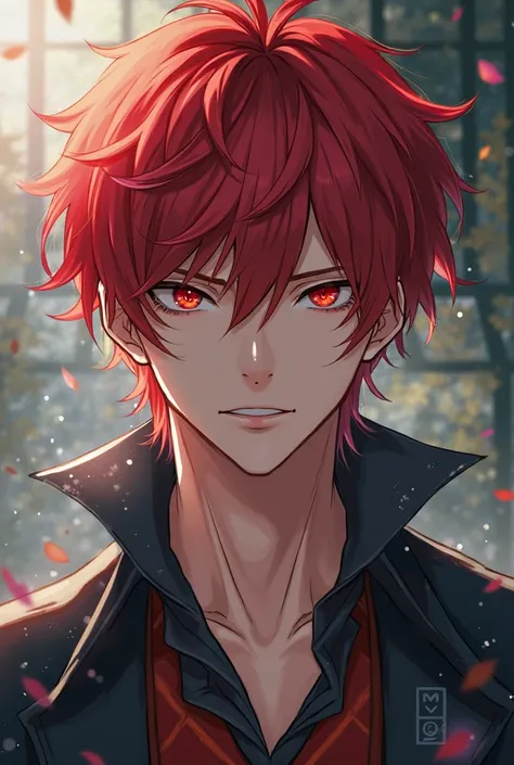 An anime character who is male has red hair, Have a captivating look, Be handsome