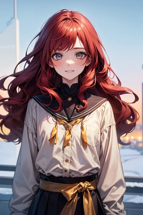 masterpiece, high quality, 8K , Women  ,, Red hair , shoulder-length hair ,  gold-colored eyes    ,   face , very detailed face, winter school uniform, in winter  ,  Alone ,  cheerful look , wavy hair, hair with bows , flat chest . 