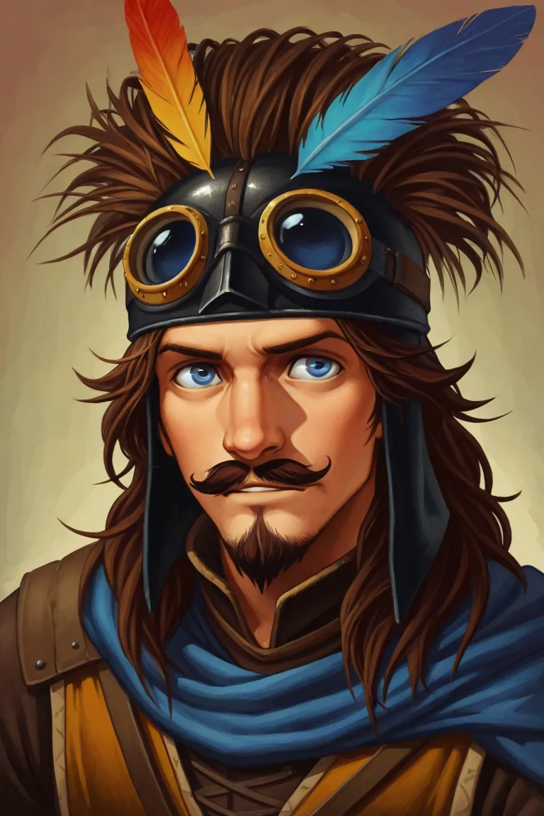 Medieval, Nobleman, Bandit, Con Artist, Brown Hair, Neatly Combed Hair, Blue Eyes, Mustache, Goatee, Early Thirties, Charming, Thief, Medieval Clothes, Colorful Clothes, Male, Solo, Silly Hat, Feather Hat