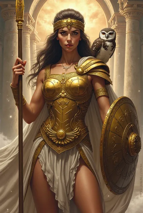 A highly detailed illustration of the goddess Athena in a striking yet elegant warrior pose. She wears an ornate golden armor, intricately designed with Greek patterns, exuding both divine strength and grace. In her left hand, she firmly holds a shield fac...