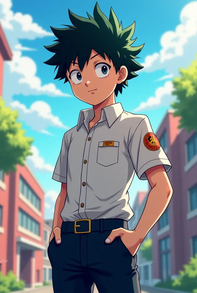 Energetic but calm My Hero Academia.
Handsome boy with short black hair and well-groomed backwards, student outfit with a patch and a mole under the lip, UA