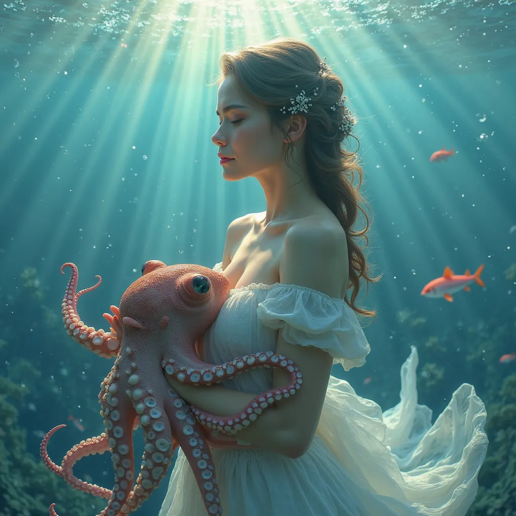 A woman who is on good terms with octopuses。An octopus hugs a woman。Women are beautiful。 The background is the ocean。