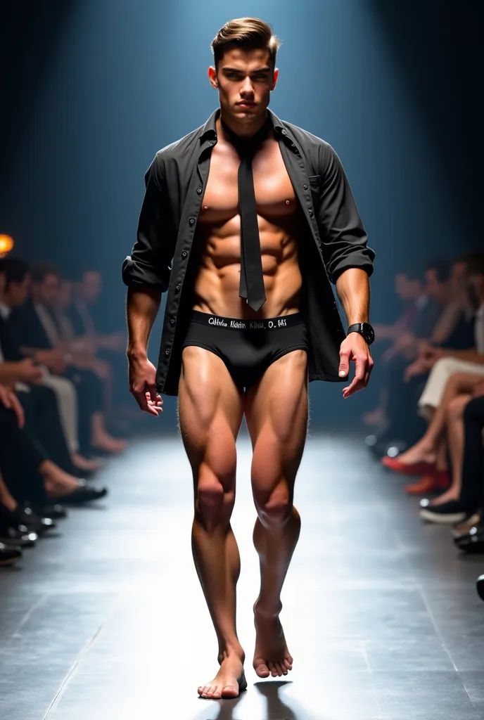 man, Realistic, Black hair, Open dress shirt showing the chest, Wearing a tie ,  Calvin Klein briefs , Parading on the runway barefoot, Muscular.