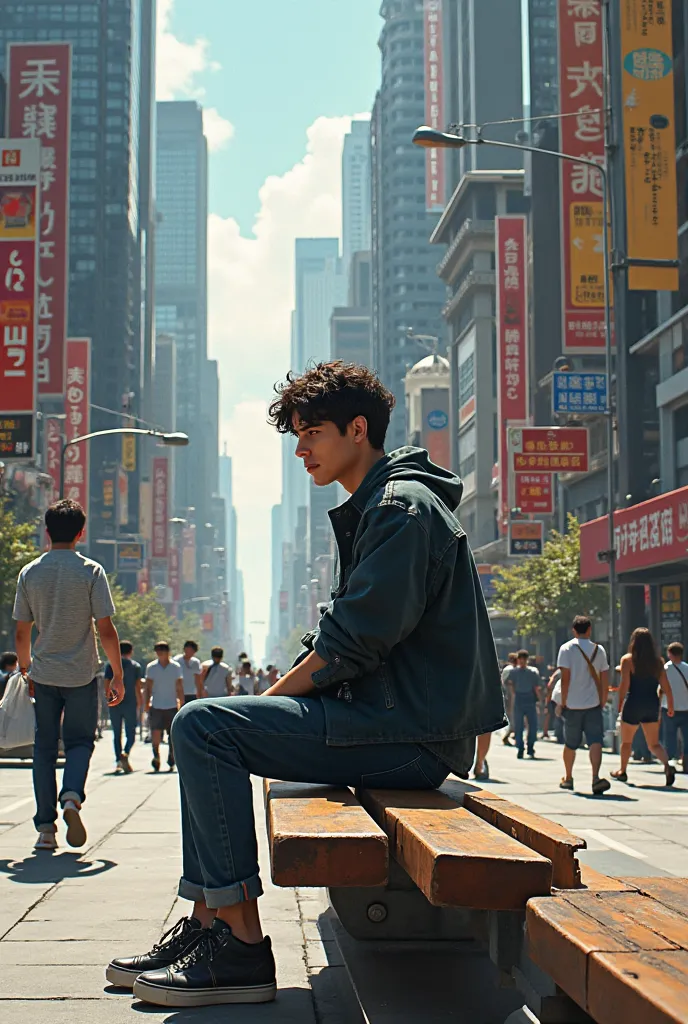 A young man sitting on the bench in the streets of the city 