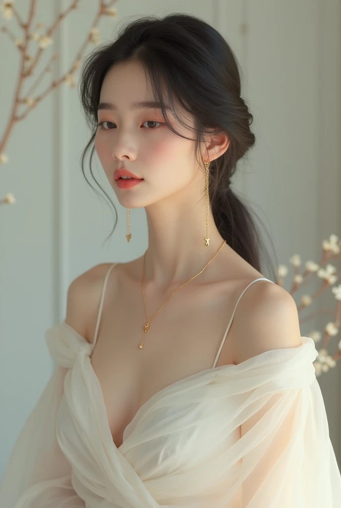 A girl in a pure white midi dress, wearing long earrings and a thin necklace with a butterfly image like the photo I uploaded. low bun, gently highlights 24K gold jewelry+