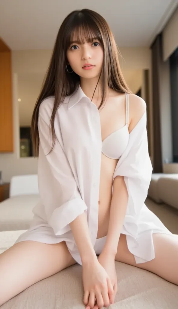 ((( low angle shot、biologically accurate images、    staring at camera  :1.22,    lean forward  , loose open shirt 、    underwear))),beautiful boobs,  1 Japanese Woman,     hotel room、   Indirect Lighting、 nudes,Completely naked,