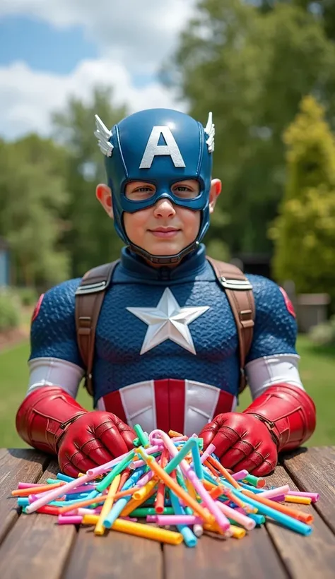 A famous Captain America character in a signature Captain America red blue suit with red shoes and a helmet emblazoned with the letter A to resemble the famous captain, sitting at a wooden table in an open garden. The table is filled with a messy array of ...