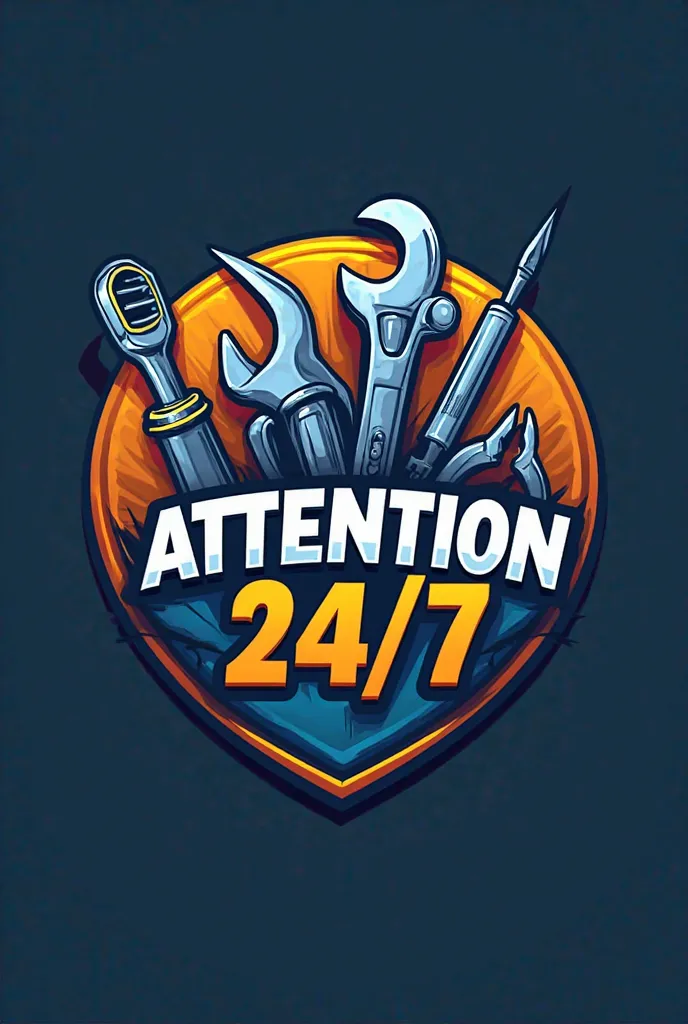 Logo con herramientas con un juego de colores entre el azul y dorado para promocionar la Attention 24/7 of a gas company, in the logo you should only say "Attention 24/7"