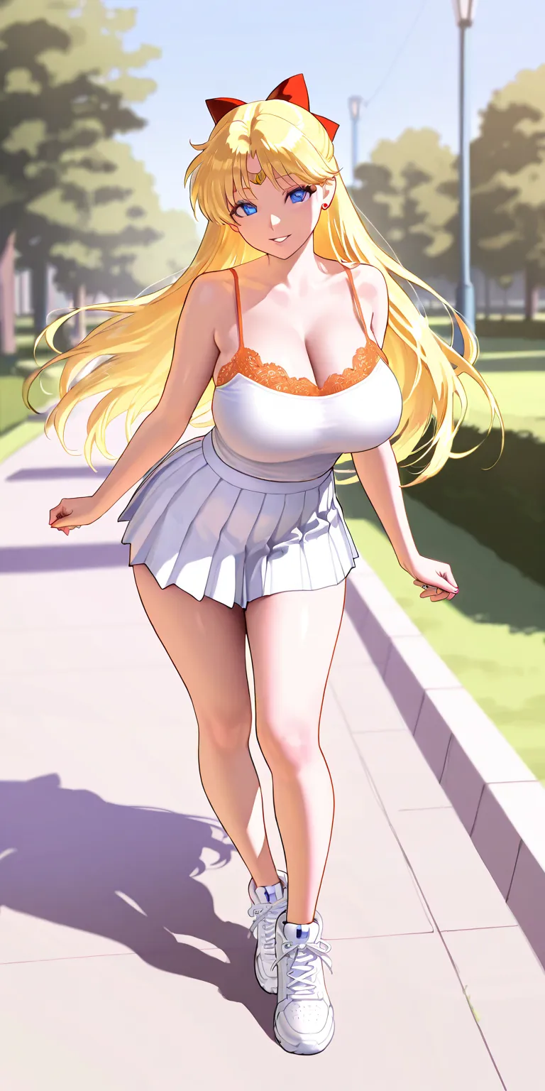 Masterpiece, newest, vibrant, very aesthetic, high contrast, mature woman, minako aino\(sailor venus\), tall, big breast, white camisole, orange lace, white pleated mini skirt, white sneakers, full body, parted lips, smile, park, best quality, semrealistic...