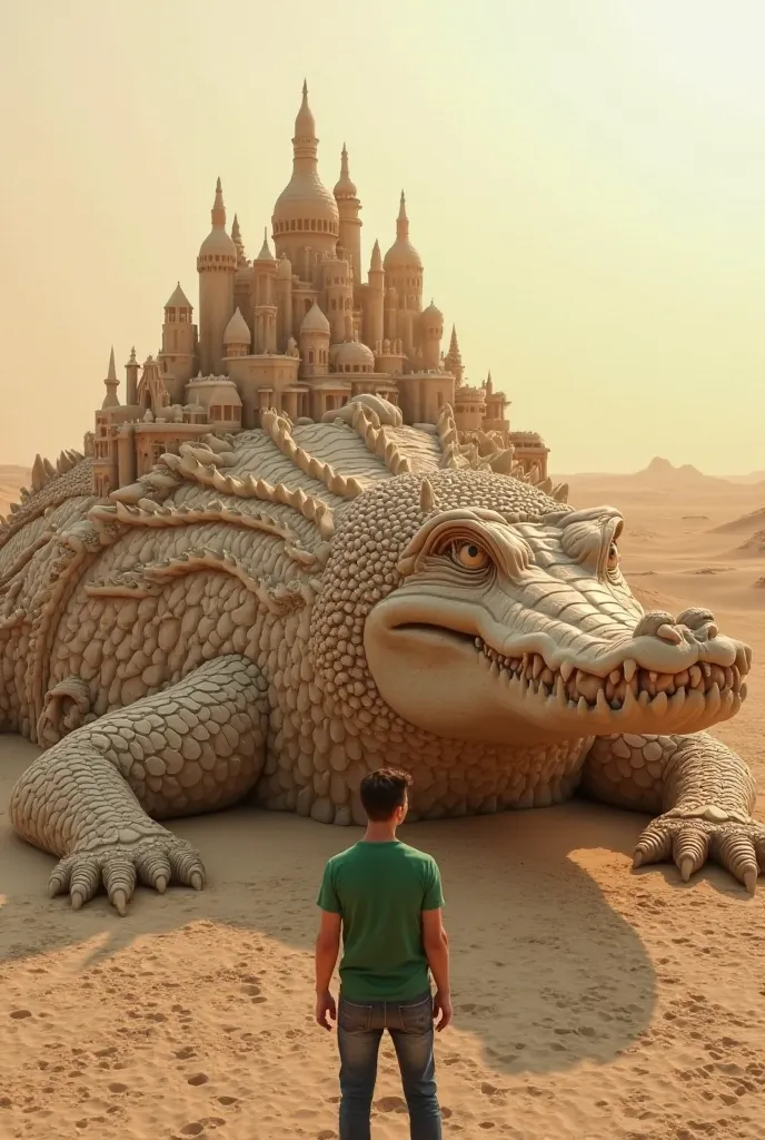 You can ask the AI to generate an image with a prompt like this:

"A giant sand sculpture of a crocodile that looks like a mythical dragon, with intricate designs on its body and a small city-like structure on its back. A  wearing a green T-shirt is standi...