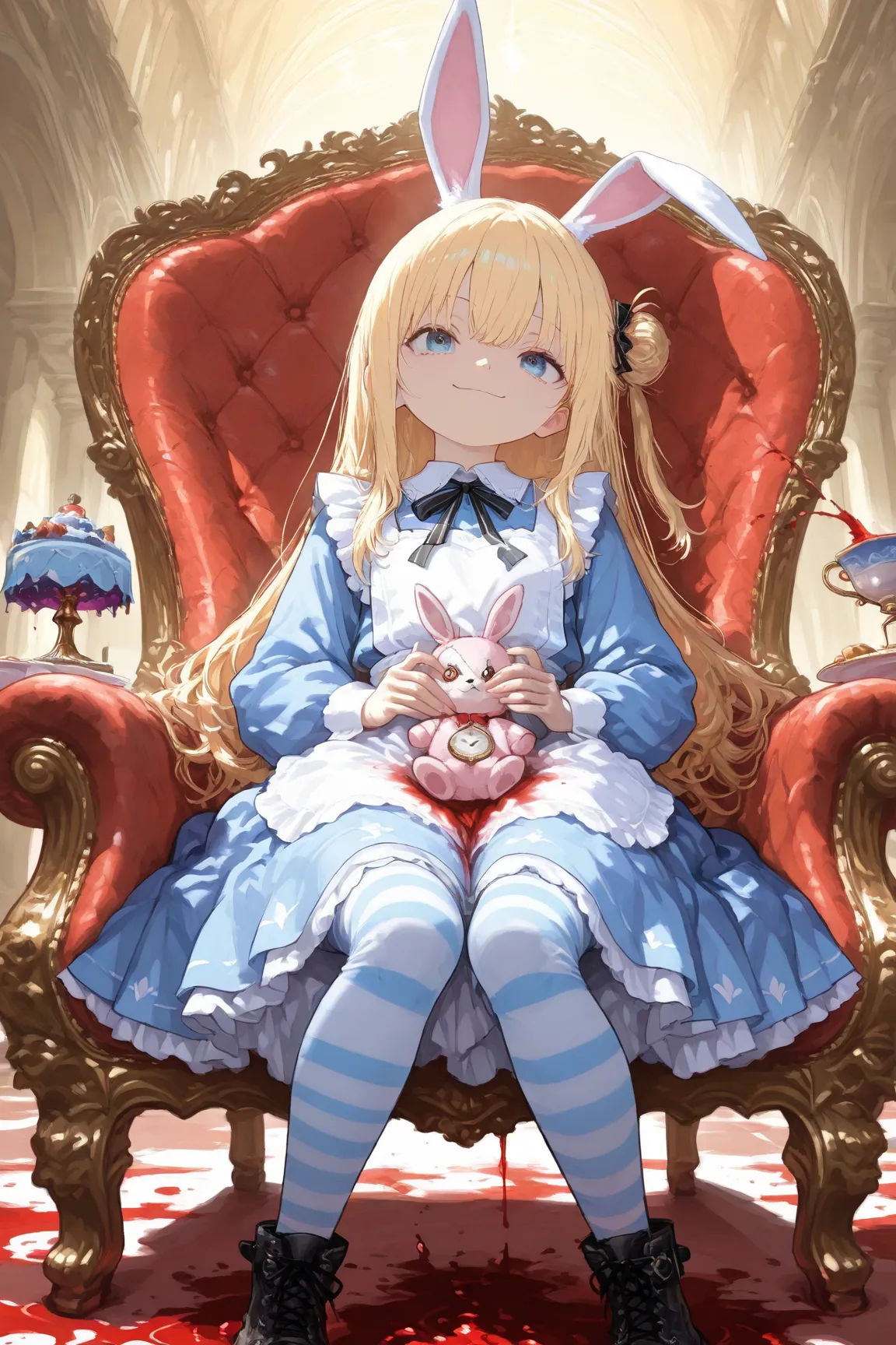 illustration, best quality, dramatic lighting,trk,masterpiece, best quality, ultra-detailed, photorealistic depiction of a twisted version of Alice in Wonderland. The character sits casually in a large, plush red chair, her pose relaxed but her expression ...