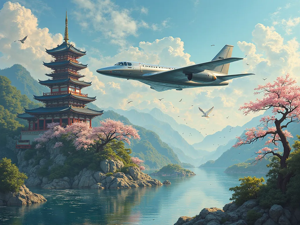 painting of airplane with an ancient pagoda, with boh-tree, clouds, sunshine, birds