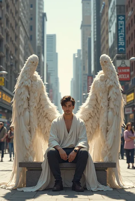 A young man sitting on the bench in the streets of the city, escorted by two male warrior angels in white robes 