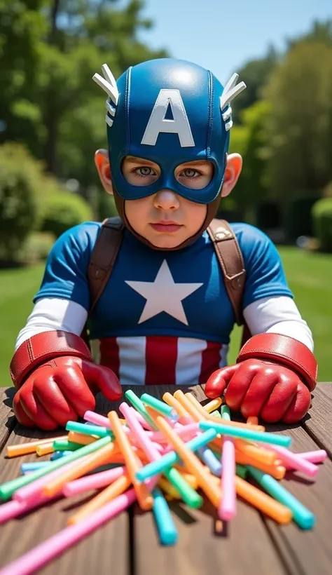 A famous Captain America character in a signature Captain America red blue suit with red shoes and a helmet emblazoned with the letter A to resemble the famous captain, sitting at a wooden table in the open garden with serious expressiveness facing down. T...