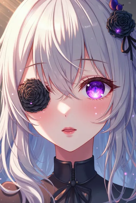  Woman, anime style, long and beautiful white hair with golden highlights, violet eyes with crystal-shaped pupils, u eye patch with a black rose design on it, a mouth drawn with a slight sheen, 