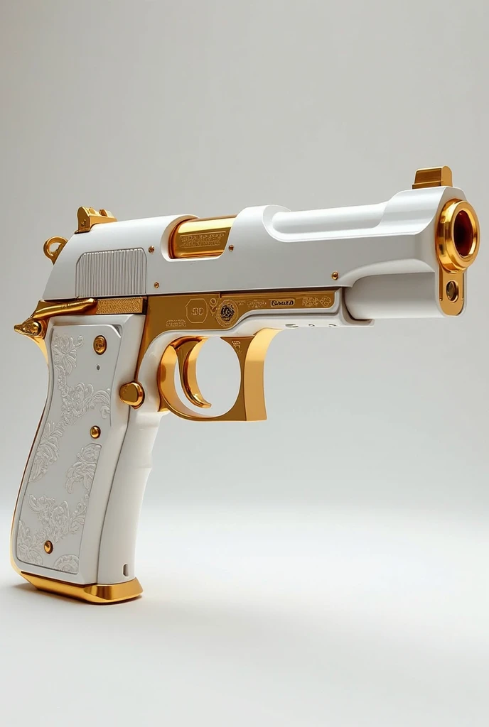 A white gun with solid gold details such as its 1cm diameter bullets