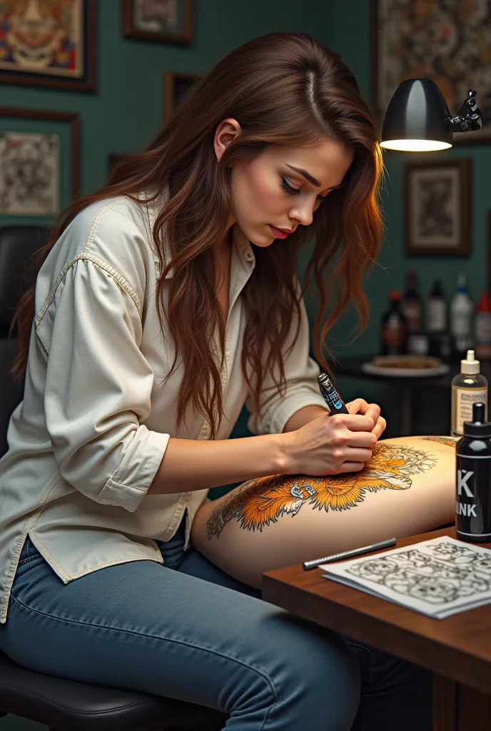 Brown-haired woman oversized white shirt blue jean tattooing a lion