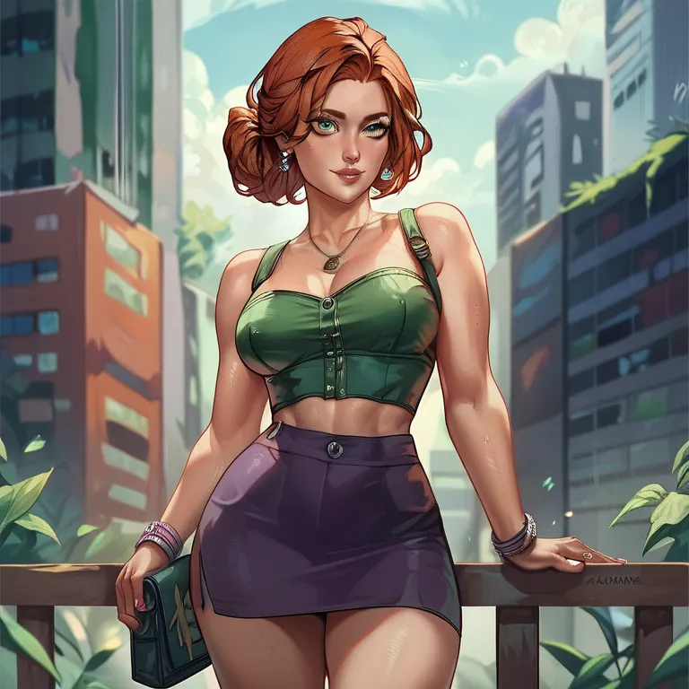 She is an attractive young woman with auburn hair and green eyes.

Her style is deceptively casual with a tight green bustier and a short purple skirt.