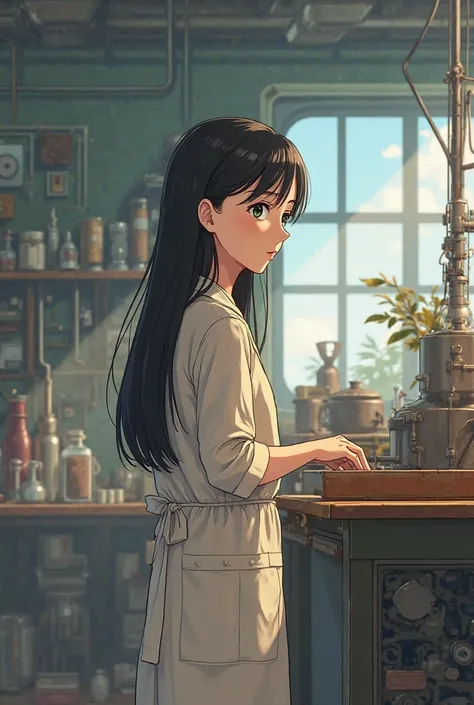 Animation of a girl making viscos,  long black straight hair, full-bodied and standing