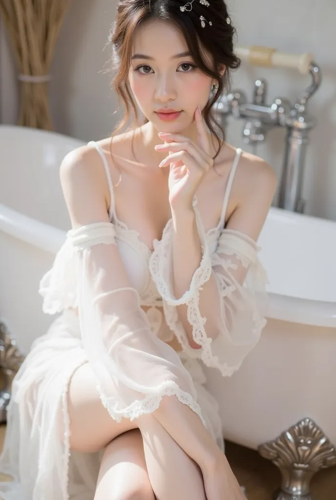 a young woman sitting elegantly on the edge of a white vintage bathtub. She is wearing a delicate white lace outfit with sheer, flowing sleeves, and the fabric drapes gracefully onto the floor. Her hair is styled in a loose, elegant updo adorned with small...