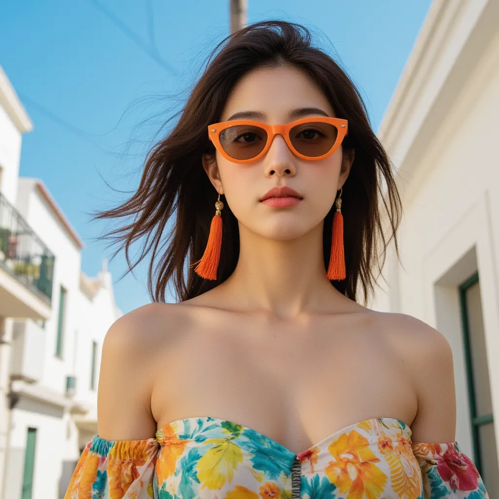 8k, masterpiece, highest quality, Vibrant, colorful, summer, Mediterranean street backdrop, orange cat-eye sunglasses, multicolored flowing dress, off-shoulder sleeves, tasseled earrings, bright blue sky, white buildings, high contrast, saturated colors, f...