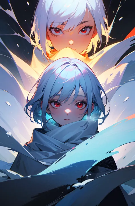 (best quality,4k,8k,highres,masterpiece:1.2),ultra-detailed,white hair,scarf,snow,red eyes,portrait,icy blue,soft illumination,crisp shadows,lonely winter,serene expression,magical solitude,vivid colors,subtle gradients,fine brushstrokes