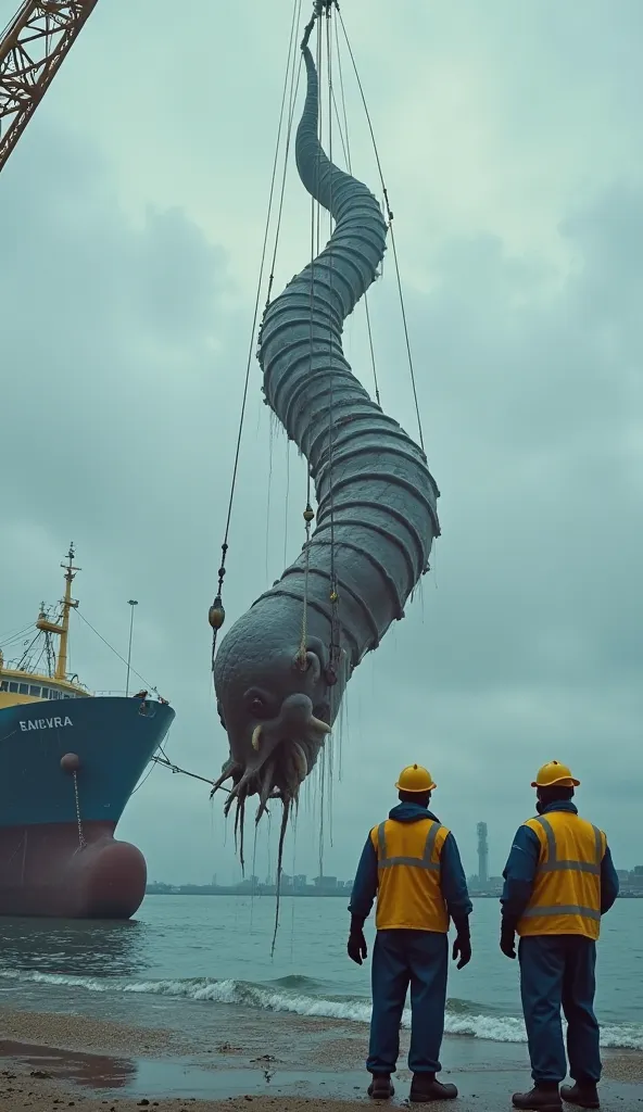 INCITE:
“A hyper-realistic representation of a huge sea cucumber snake being lifted from the ocean by a crane. Workers dressed in yellow and blue uniforms stand on the shore,  watching the scene with admiration .  The sky is cloudy, creating a mysterious a...