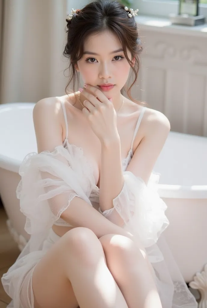 a young woman sitting elegantly on the edge of a white vintage bathtub. She is wearing a delicate white lace outfit with sheer, flowing sleeves, and the fabric drapes gracefully onto the floor. Her hair is styled in a loose, elegant updo adorned with small...