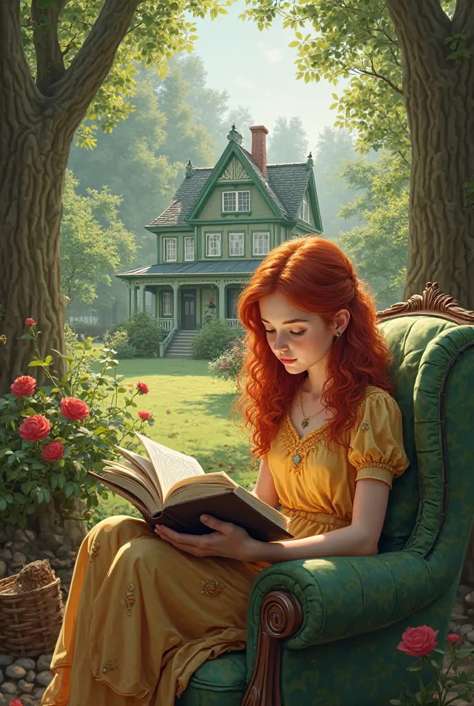 Create image of red-haired girl holding book with green house view with trees and real picture  