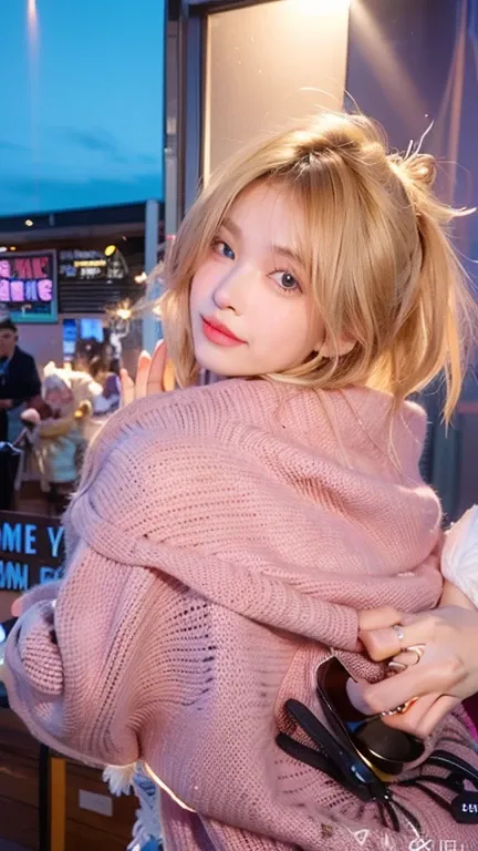 Make a blonde girl with sky blue eyes, pink lips and a bumpy nose, wearing a gray sweater with a small rabbit backpack, Asian model body and trait.