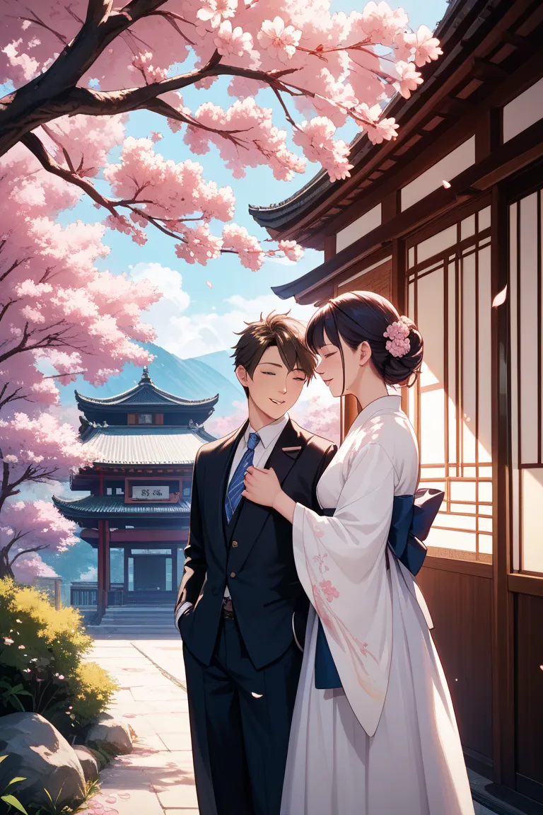 Japanese dark-haired man and dark-haired woman walking through a row of cherry blossoms