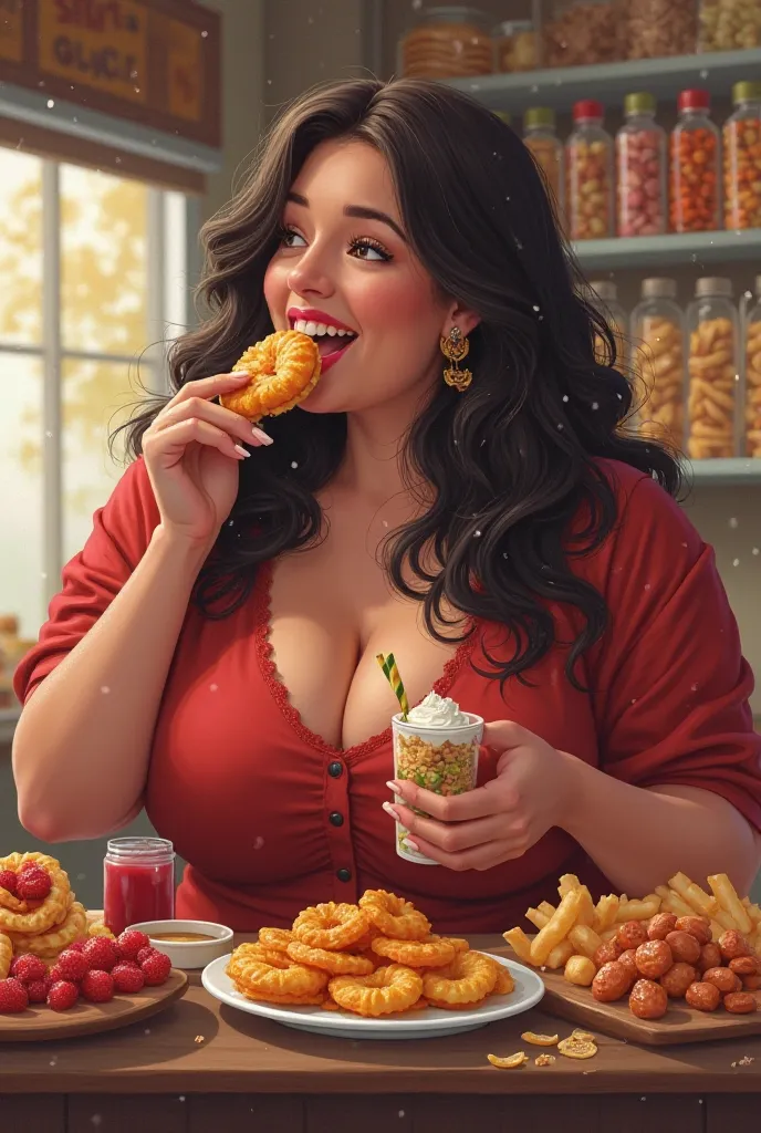  Plus size brunette woman, eating snacks and portions, with a juicy snack, Frozen refrigerant, Drawing attention to snacks, For programming from a snack bar 