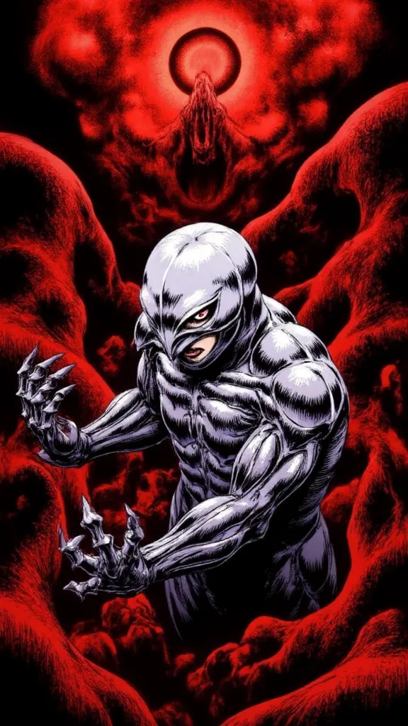 Gr!ffith, Femto Form, shown in a hellish landscape, in the style of kentaRo Miura artwork, berserk, face showing pure malice, from above, pointing at viewer 