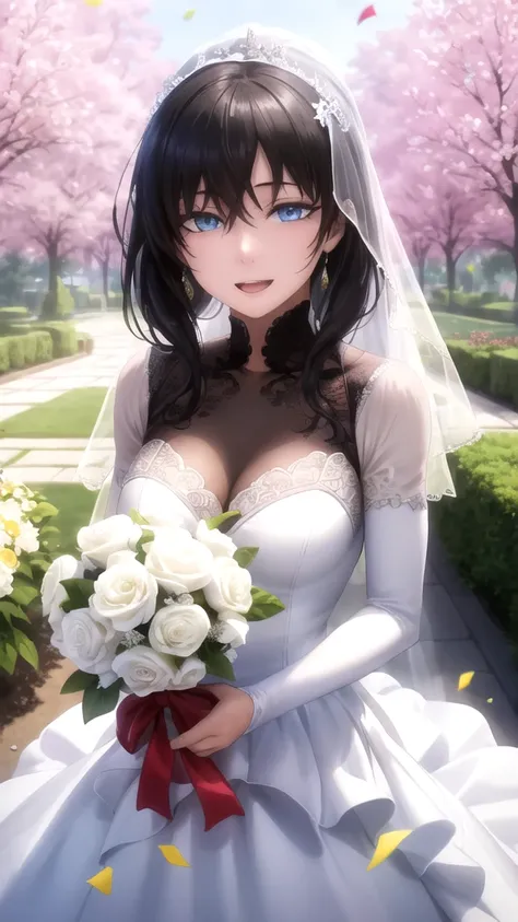 Masterpieces, Best Quality, girl, looking at viewer, Tatsuya Shiba, Black hair, blue eyes, large breasts, wedding Dress, standing, garden, confetti, holding bouquet, smile, open mouth 