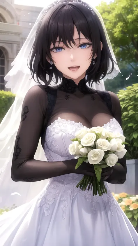 Masterpieces, Best Quality, girl, looking at viewer, Tatsuya Shiba, Black hair, blue eyes, large breasts, wedding Dress, standing, garden, confetti, holding bouquet, smile, open mouth 