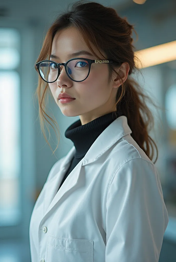 Woman with glasses, brown hair and a white lock, Wearing a laboratory suit,who has several futuristic weapons stored in his clothes