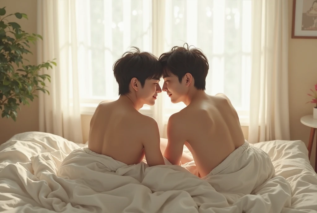 (photorealism:1.2),Two young korean men sitting closely together on a bed in a brightly lit, minimalistic room The room features soft white bedding and natural light streaming in from a window, creating a cozy and intimate atmosphere. The scene conveys the...