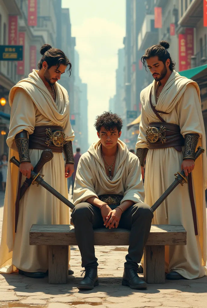 A young man sitting on the bench in the streets of the city, accompanied by two male warriors in white robes and swords